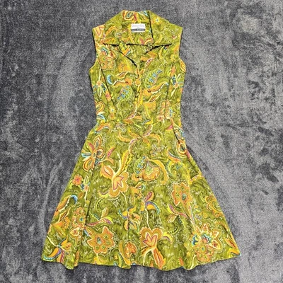 Vtg 60s 70s Psychedelic Green Multicolor Mod Boho Gogo Hippie Collar Dress XS S  - Image 1 of 4
