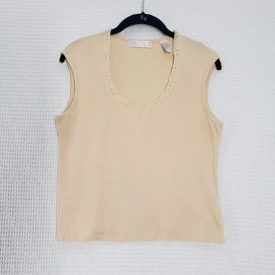 Vintage Lord and Taylor Sleeveless Top Womens Large Beige Lace Pima Cotton Y2K - Image 1 of 4