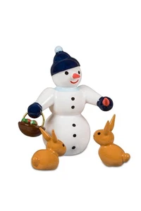 Wooden Figure Snowman with Rabbit Feeding Height 6.5cm NEW Snowmen Seiffen - Picture 1 of 1