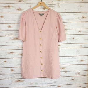 Topshop Dress Sie 8 Pink Linen BUtton Front Short Sleeve Mini Shift - Picture 1 of 5
