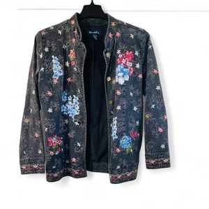 🌸 Denim & Co Black Denim Jacket – Floral Embroidered Boho Y2K Vintage Style - Picture 1 of 4