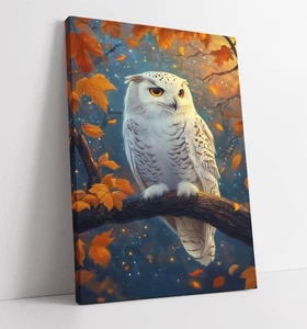 WHITE OWL ON A BRANCH -FRAMED CANVAS WALL ART PICTURE PRINT - Picture 1 of 2