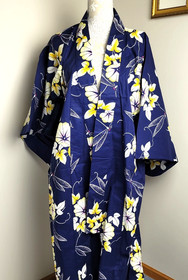 Japanese Style Kimono Cotton Yukata Blue Floral Dragonfly NO Belt 63" Long