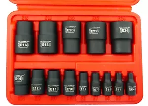 14-Pc Cr-Mo Female Star E-Torx External Bit Socket Set E4-E24 1/2" 3/8" 1/4" Dr. - Picture 1 of 6