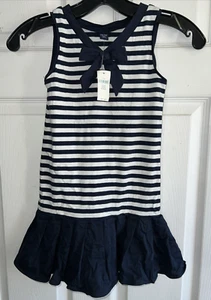 NWT Baby Gap Girls Sz 5 Years Dress Blue White Cannes Nautical Stripe Drop - Picture 1 of 13