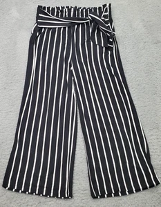 No Comment Pants Girls L Black Striped Polyester Belted Elastic Waist Wide Leg - Picture 1 of 11