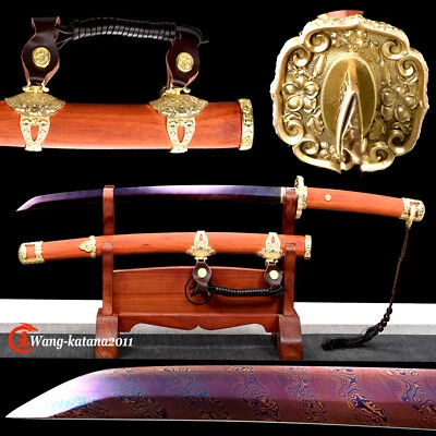 Espada Samurai Japonesa Acero Plegada Damasco Azul y Rojo 30"" Tachi Wakizashi Latón Foto 1 de 4