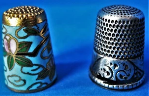 Antique Pair Thimbles..one Brass Cloisonné and one Silver - Picture 1 of 11