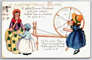 Happy New Year Postcard Gypsy Fortune Teller and Child Spinning Wheel 1920s - Picture 1 of 6
