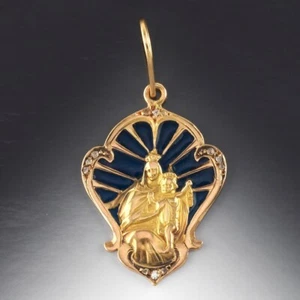 Antik 18k Gold Plique A Jour Emaille Diamant Maria mit Jesus religiös Anhänger - Bild 1 von 11