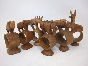 Lot of 8 HAND CARVED WOOD African Animal NAPKIN RING HOLDERS Safari Decor - Picture 1 of 16