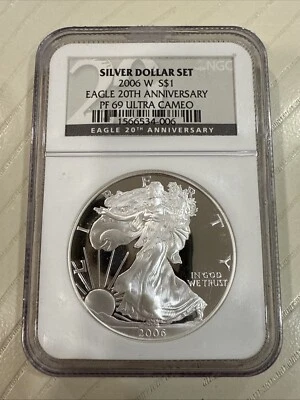 W Proof Silver Eagle NGC PF69 2006 Ultra camafeo ~ 20 aniversario conjunto etiqueta Foto 1 de 4