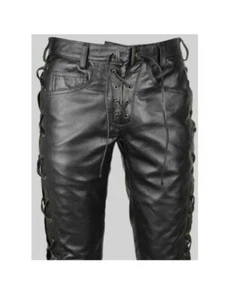Herren Echt Schwarz Lederhose Leder Biker Schnürsenkel Hose Hose Hosen BLAU - Bild 1 von 5