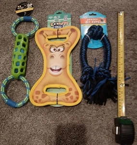 Puppy Chew Toy 12" Tug Squeaky Rubber Braided Rope Dental Dog Toys Fetch Lot 3x - Picture 1 of 8