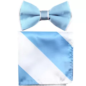 New formal Men's polyester pre-tied bow tie_hankie light blue white stripes prom - Picture 1 of 3