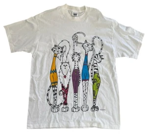 Vintage Cat Art Graphic T-Shirt White Double Sided XL Abstract - Picture 1 of 5