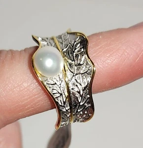 Bleached Cultured Freshwater Pearl Rhodium 18k Gold Over Silver 925 Ring Sz 9 - Picture 1 of 6