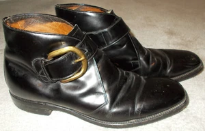 VINTAGE 1970s FREEMAN LEATHER ANKLE BOOTS Black Size 9.5/10 Shoes Buckles Biker - Picture 1 of 8