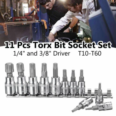 11Pcs T10-T60 3/8" 1/4" Driver Tamper Proof Torx Star Bit Socket Kit Tool Set - Image 1 of 4