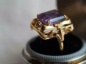 2.50Ct Emerald Cut Amethyst Vintage Cocktail Ring 14k Yellow Gold Plated - Picture 1 of 9