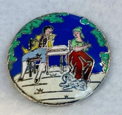 SCARCE ANTIQUE CHAMPLEVE ENAMEL BUTTON W/FOPS COUPLE SEATED 1-1/4” - Image 1 of 2