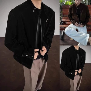 Men Loose Fit Faux Suede Cardigan Jacket For American Vintage Stand Collar - Picture 1 of 36