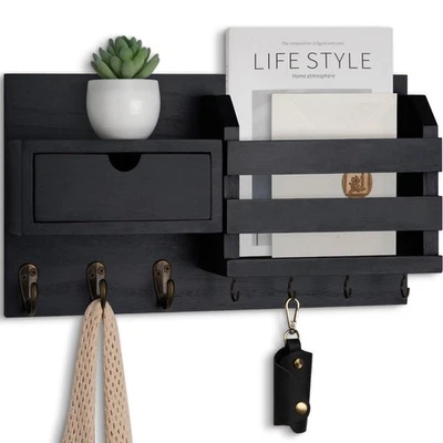 Wall Mount Key Holder with Mail Organizer, 100% Paulownia Wood, 7 Metal Hooks... - Image 1 of 4