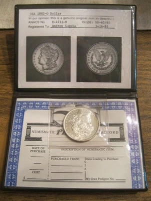 1882 O Morgan Silver Dollar  ANACS Photo Certificate TYPE 3-Scarce, MS 65, 5111 - Image 1 of 4