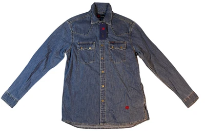 Camisa de mezclilla azul Lee rara con botones para mujer talla M china City Crane bronceada pájaro Foto 1 de 4