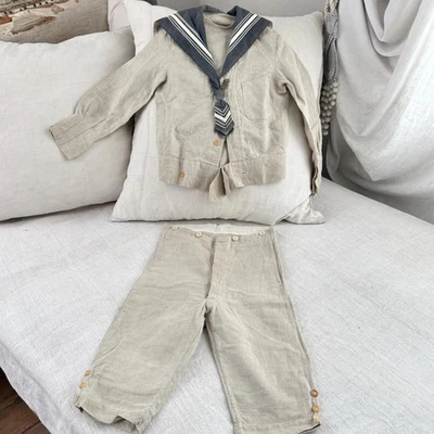 Pequeño Antiguo Traje de Marinero Francés Infantil Lino Principios de 1900 Náutico Juego de Dos Piezas Foto 1 de 4