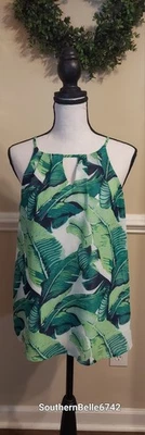 Blue Rain Tank Green White Peep Hole Neck Palm Leaf Sleeveless Tie Back Blouse S - Image 1 of 4