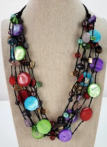 Premier Designs Multi Color Glass And Shell Beaded Cord Layered Necklace 24 in - Picture 1 of 10