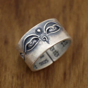 Anillo de plata esterlina 925 budismo tibetano Buda ojos banda abierta hombre A3280 - Imagen 1 de 14