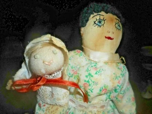 Antique Small Hand Stitched Female Cloth Doll w Stitched FACE W CHILD  - Picture 1 of 12