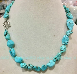 Natural Stone Blue Turquoise 10-14mm Irregular Beads Gemstone Chain Necklace 18" - Picture 1 of 12