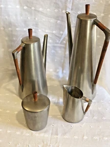 Royal Holland KMD Daalderop Pewter Teak Coffee Tea Cream Sugar Set Vintage - Picture 1 of 14