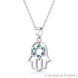 Colgante de ópalo creado en laboratorio Hamsa Hand & Star of David Magen en plata de ley 925 - Imagen 1 de 1