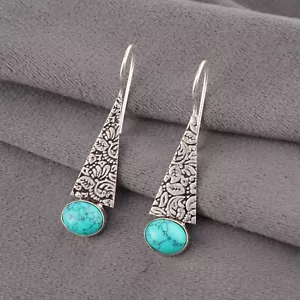 Genuine Blue Turquoise Wedding Fine Drop Dangle Earrings Jewelry Sterling Silver - Picture 1 of 8