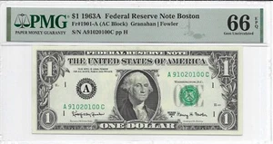 1963A $1 BOSTON FRN. PMG GEM Uncirculated 66 EPQ Banknote. A/C Block - Picture 1 of 2
