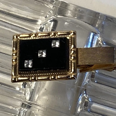 Clip de corbata vintage tono dorado ónix negro con piedras Foto 1 de 4