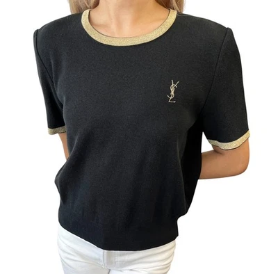 Camiseta Top Yves Saint Laurent Vintage Logo YSL Tejida #M Algodón Negro Dorado Foto 1 de 4