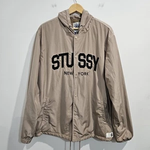 Stussy New York Hooded Coach Jacket Size XXL Beige Sherpa Lined Snap Button RARE - Picture 1 of 13