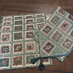 Vintage Herbst Gobelin Tischläufer 70x13 Herbstblätter 4 passende Tischsets grün - Bild 1 von 12