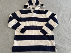Polo Ralph Lauren Striped Long Sleeve Hooded Rugy Shirt Blue White Pony Medium - Picture 1 of 4