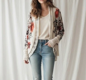 Cárdigan floral anudado tejido talla XL marfil frente abierto puños de ganchillo en capas - Imagen 1 de 10