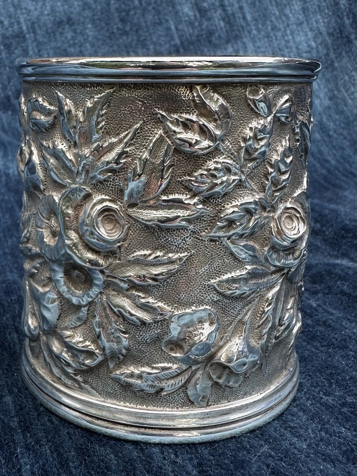 Antique S. Kirk & Son 91.6%  silver floral repoussed children mug wt.4.3 oz. - Image 1 of 4