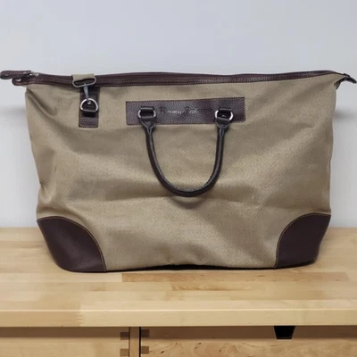 Tommy Bahama Weekender Duffel Bag Canvas Brown Leather Trim Shoulder Strap Khaki - Image 1 of 4