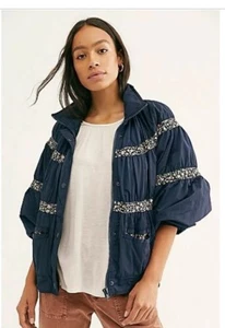 Free People On My Mind Bomberjacke Navy Blau Retro Boho Gr. S Neu mit Etikett - Bild 1 von 6