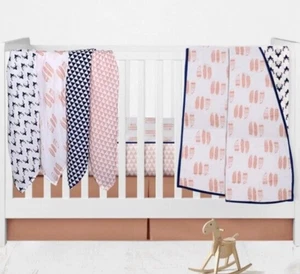 Bacati Crib Bedding Set Feathers Buck Coral Navy Blanket Sheet New Open Package - Picture 1 of 6