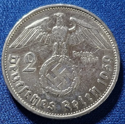 A 1939 B 2 Mark German Silver WWII 3rd Reich  Reichsmark Coin - Image 1 of 2